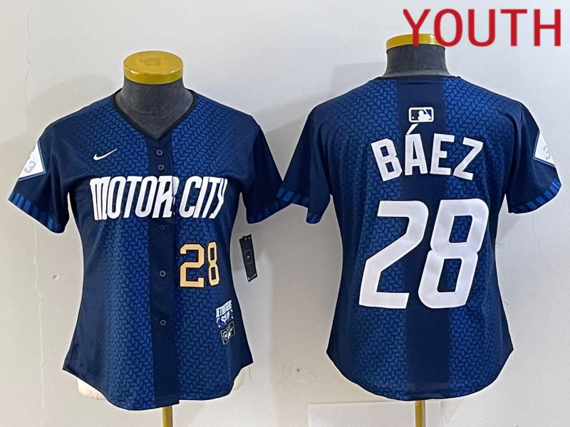 Youth Detroit Tigers 28 Baez Blue City Edition Nike 2024 MLB Jersey style 2